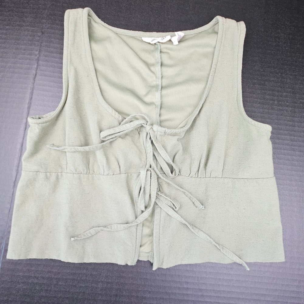 Midnight Sky Sage Green Tie Front Cropped Vest Top Linen Blend Junior's Medium